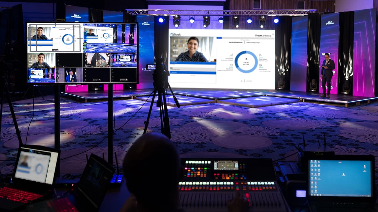 Hybrid event with an onsite AV team streaming an event to remote attendees