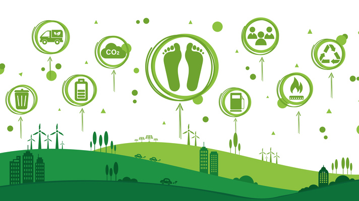 Carbon footprint concept with green icons explaining the harmful effects on planet Earth
