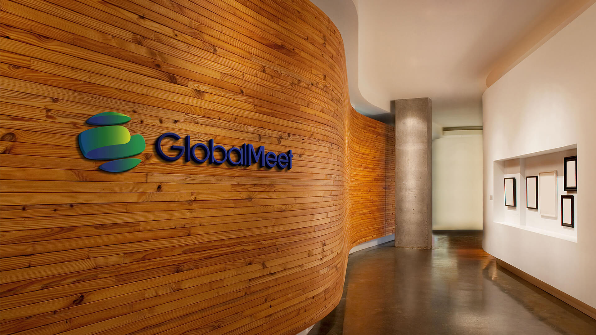 Graphic of a GlobalMeet logo on the side of a wooden wall in an office