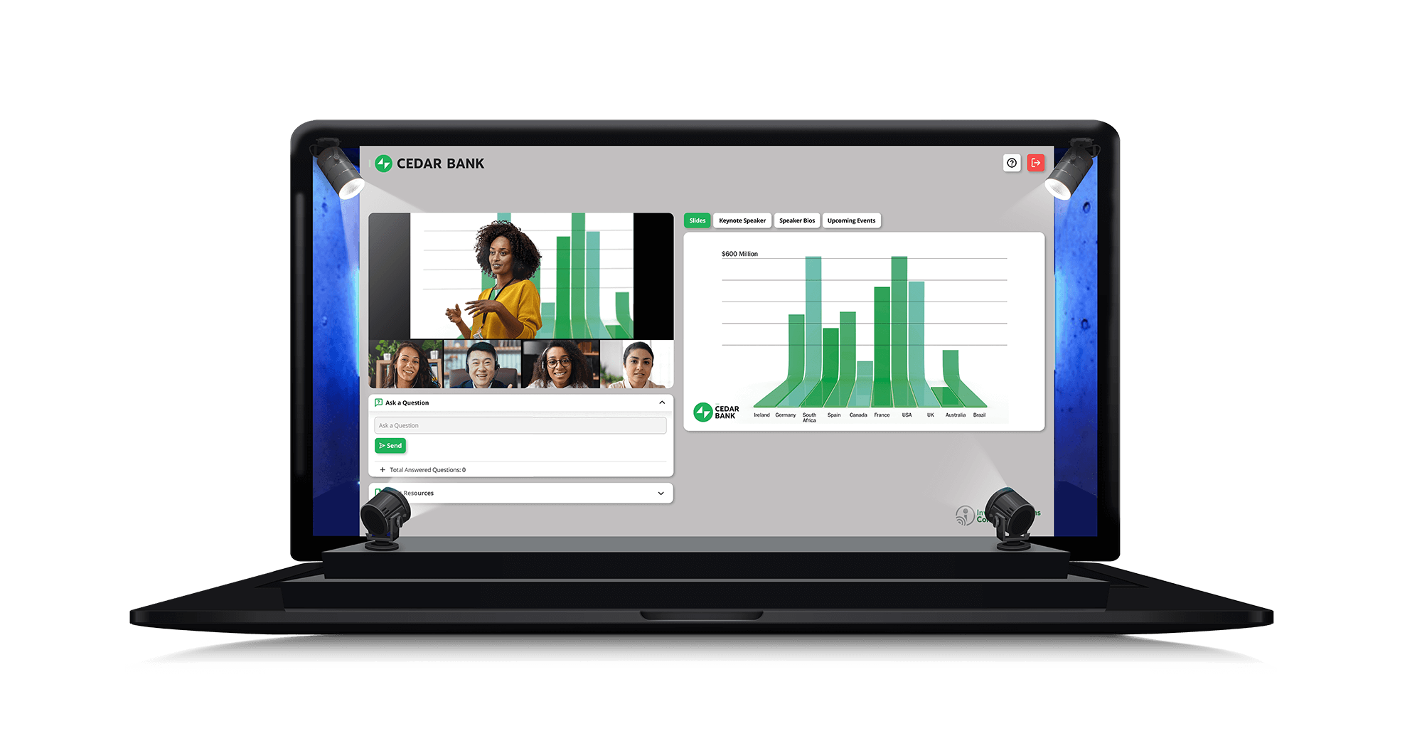Credar Bank conference event on a laptop with stage lights
