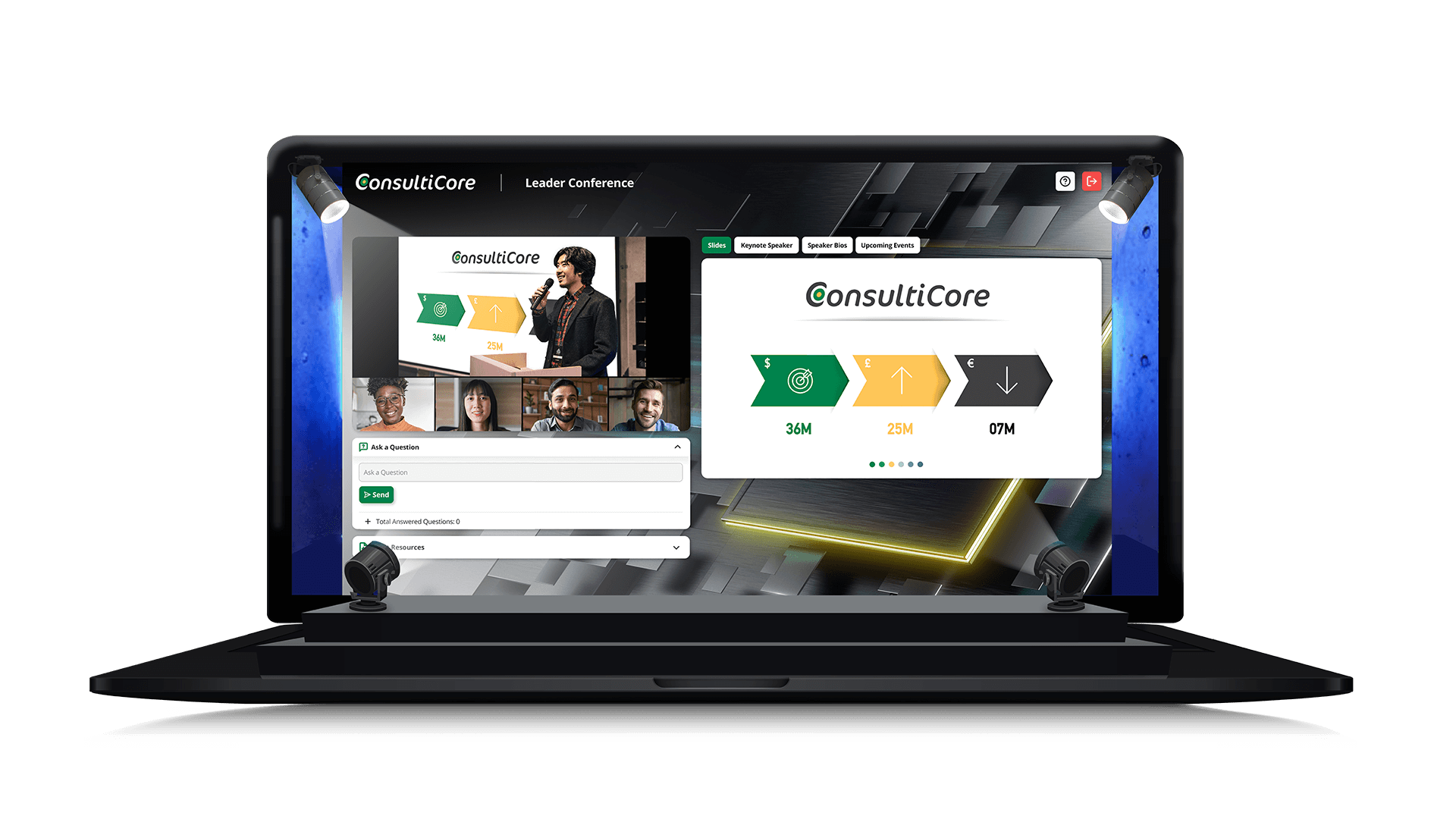 Consulticore leader conference on a laptop with stage lights