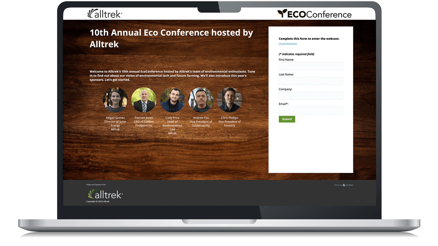 Alltrek EcoConference event registration page on a laptop