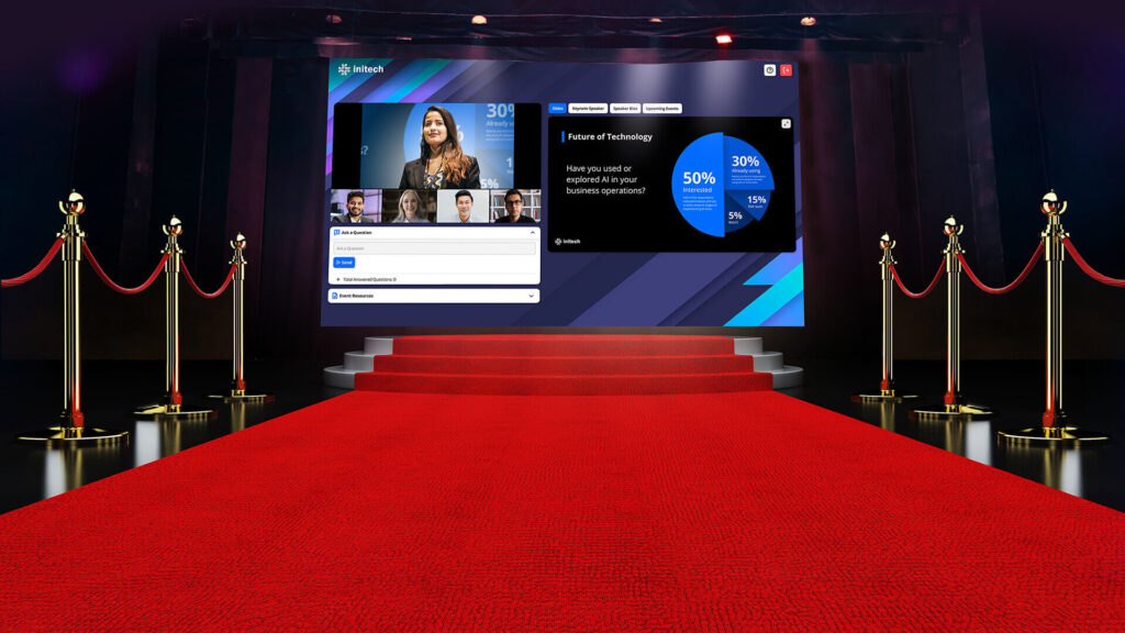 A graphic portraying a red carpet with ropes and poles leading to a GlobalMeet video event