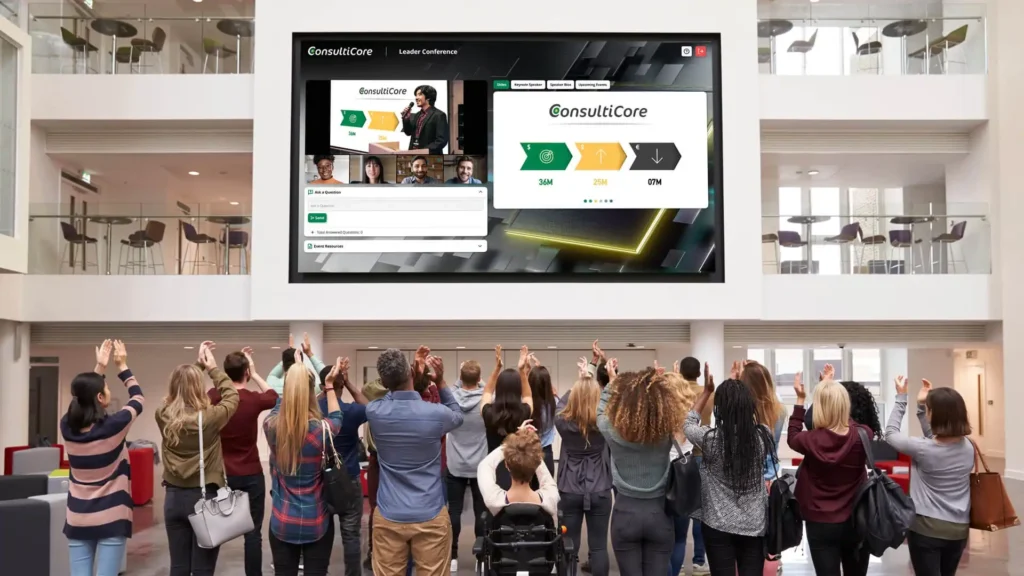 An example of a virtual town hall hosted by GlobalMeet for insituCONSULTICORE with hybrid options