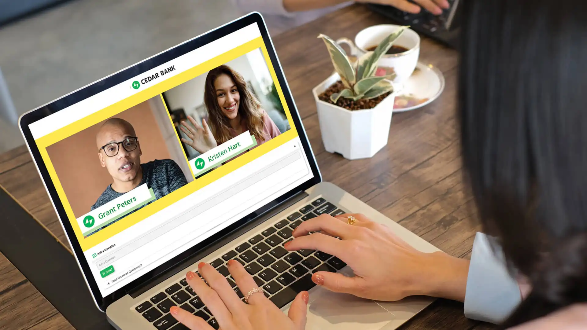 image showcasing a woman using GlobalMeet's Socialive integration during a virtual event