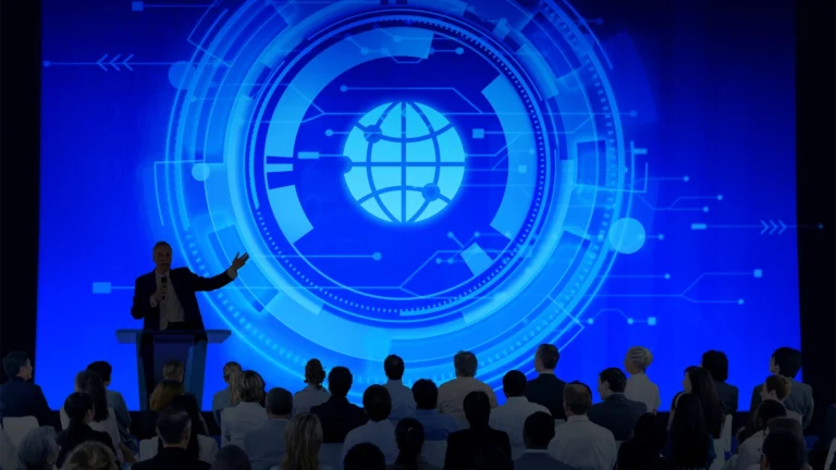 Businessman presenting on Virtual Event Technology at GlobalMeet Conference