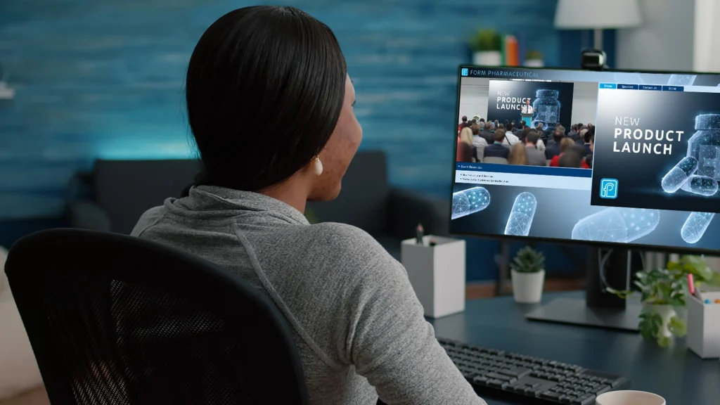 Young woman attending Virtual Town Hall hosted by GlobalMeet