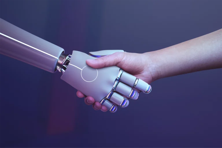 A handshake between a robot hand and a human hand