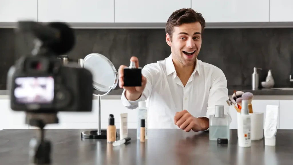 image of a young man showcasing the latest product for a customer marketing webinar hosted on globalmeet