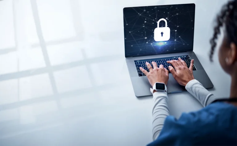 A professional woman setting up a secure webcast with GlobalMeet