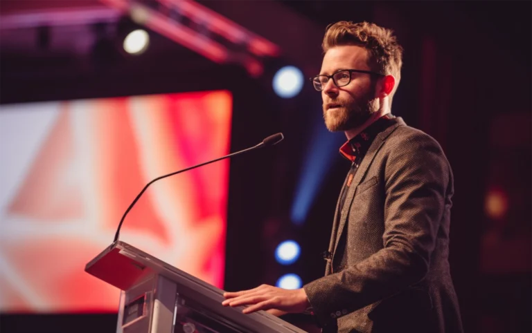 a man standing at a podium ready to give a speech
