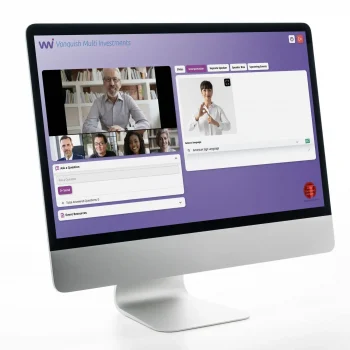 globalmeet-sign-language-accesible-virtual-event-platform-design image of a computer monitor showing a mock up of a GlobalMeet webcast player page with a tab hosting a sign language interpreter next to the live video feed